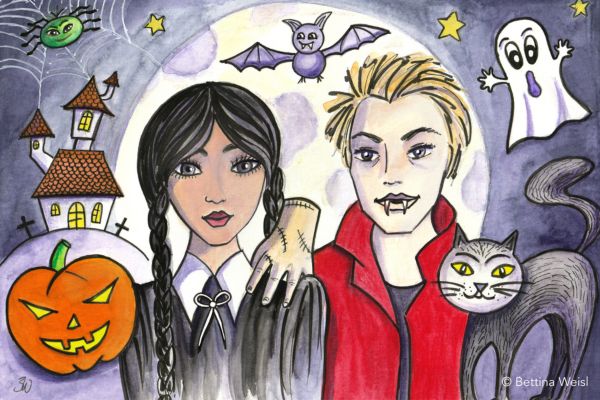 Zeichnung mit Halloween-Symbolen und zwei Vampiren
