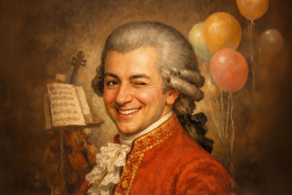 Mozart als bunte Zeichnung mit Luftballons im Hintergrund